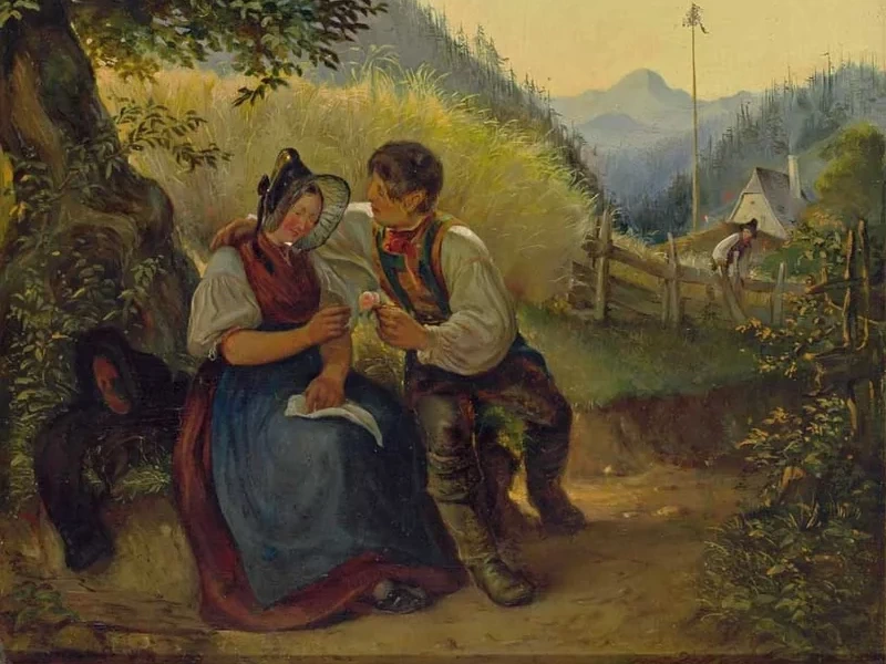 1820-Franz Zeilner - Una coppia in abiti tradizionali sotto un albero in un paesaggio estivo prealpino